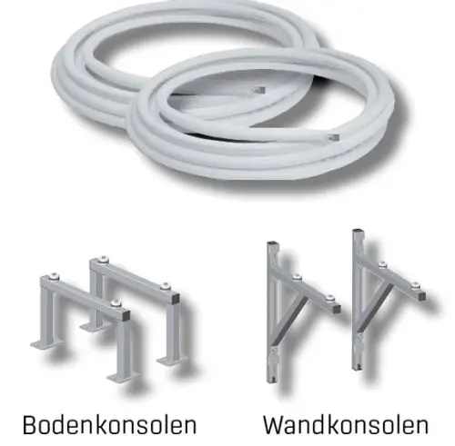Kältemittelleitung aus zwei Rollen sowie Bodenkonsole für Wand- und Bodenmontage, geeignet für Produkte der Marke Wolf.